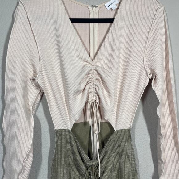 Song of Style Small Ezra Midi Dress Green Combo Ruched Front Ribbed Long Sleeves - Picture 7 of 11